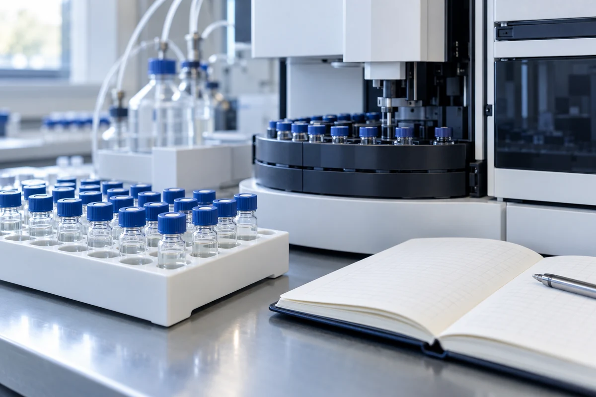 Analytical sample vials beside an HPLC autosampler and laboratory notebook.