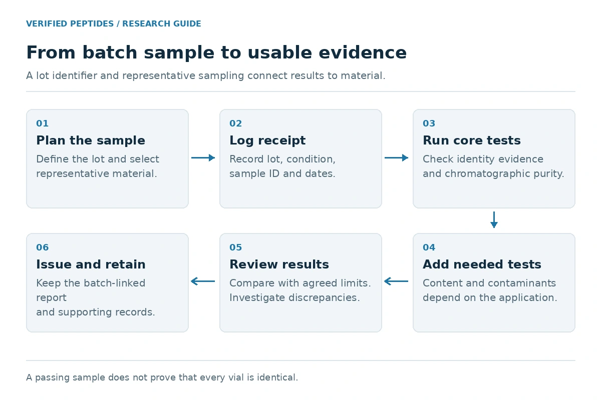Infographic of the batch testing process: a sample is drawn from a production batch, logged by lot number, analyzed by HPLC and mass spectrometry, checked for contaminants, reviewed, and issued as a batch-specific report.