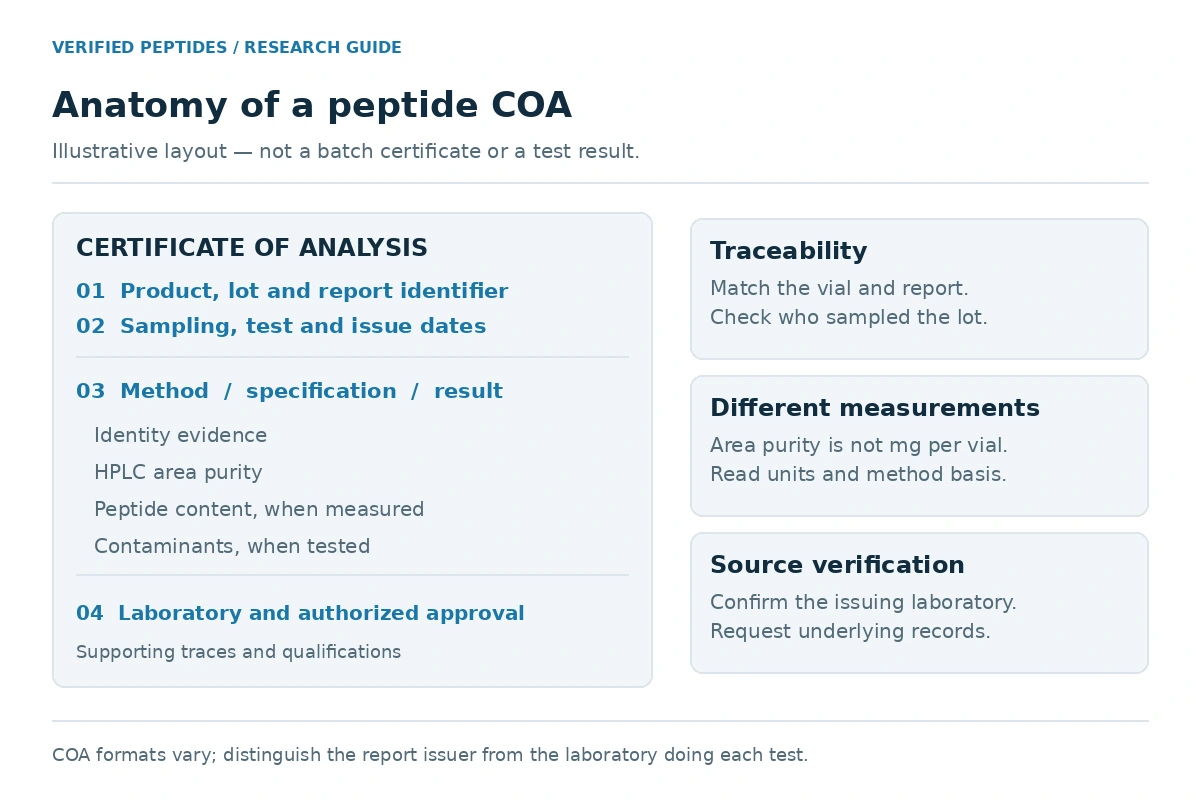 Illustrative COA layout explaining batch details, methods, specifications, results, and laboratory approval; not a batch certificate.