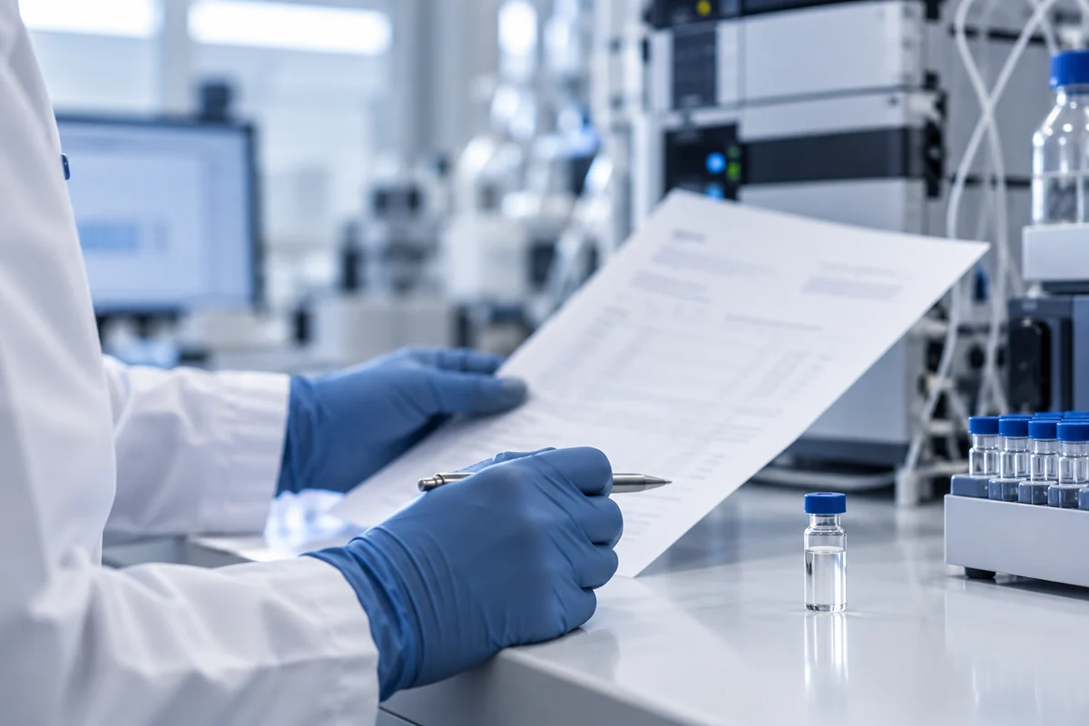 Gloved hands reviewing laboratory paperwork beside a sample vial.