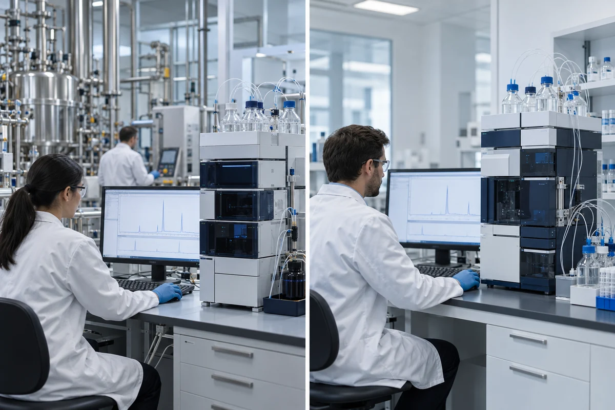 Two equally equipped analytical laboratory settings shown side by side.