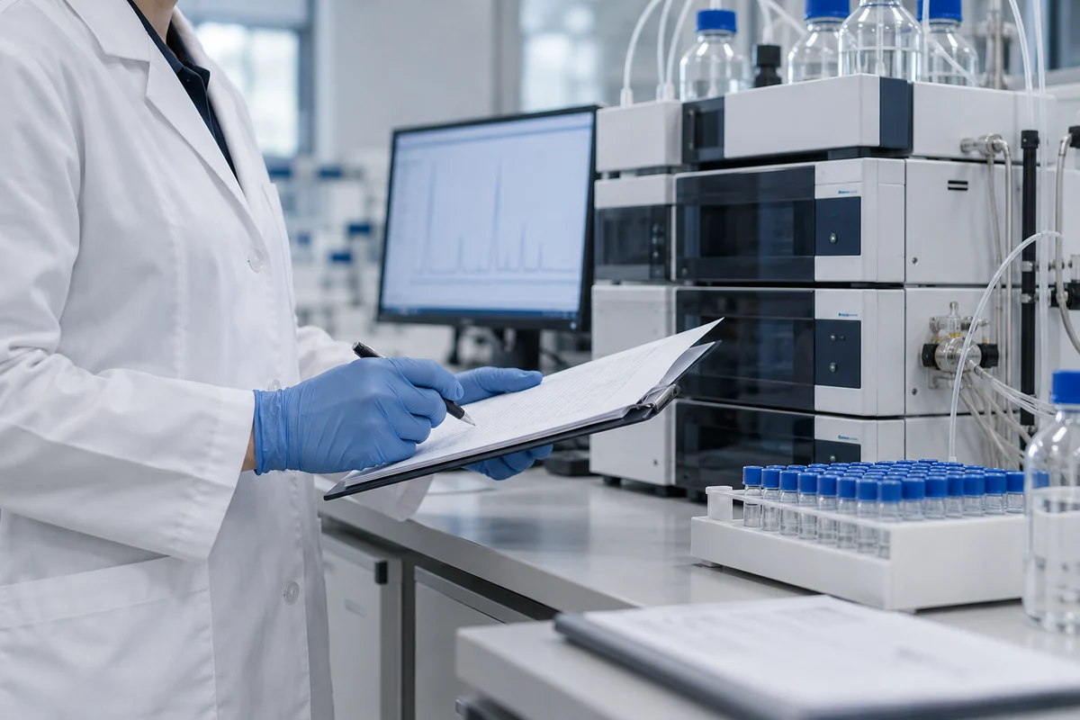 Analyst checking laboratory records beside chromatography equipment.