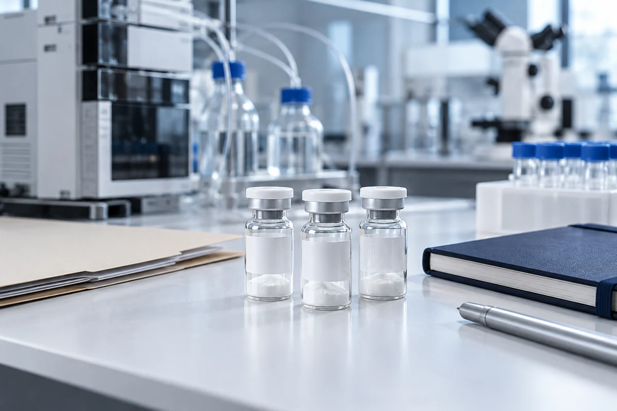 Vials of dried material beside laboratory documentation.