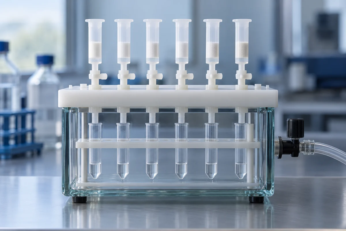 Solid-phase extraction cartridges mounted on a vacuum manifold above collection tubes in a laboratory.