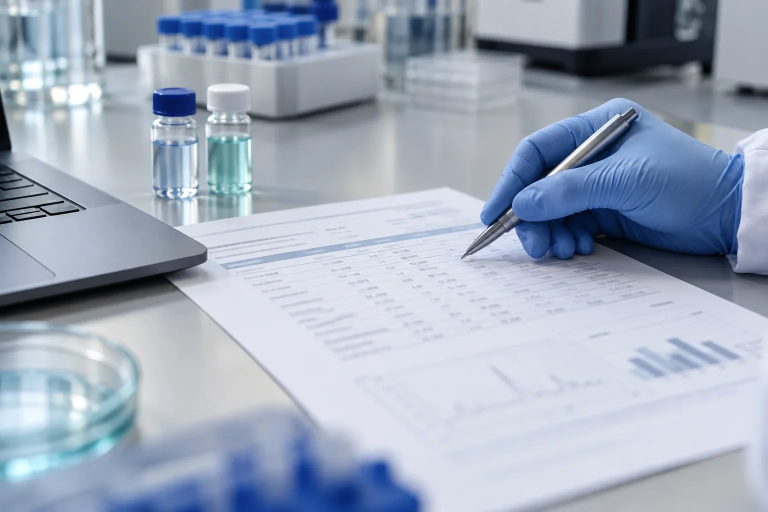 Illustrative gloved researcher reviewing an analytical report beside laboratory sample vials.