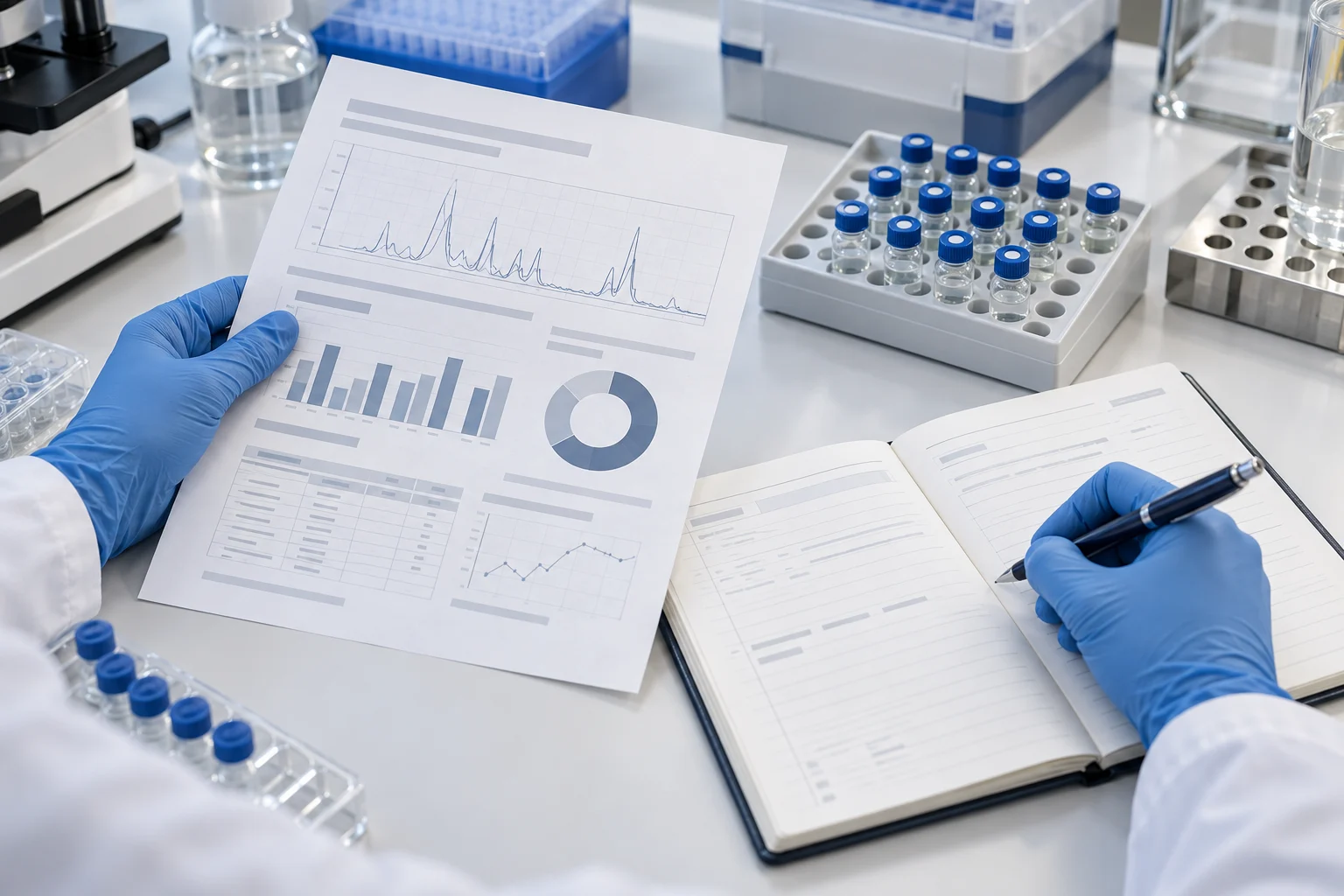 Illustrative researcher comparing an analytical report with a laboratory notebook beside sample vials.