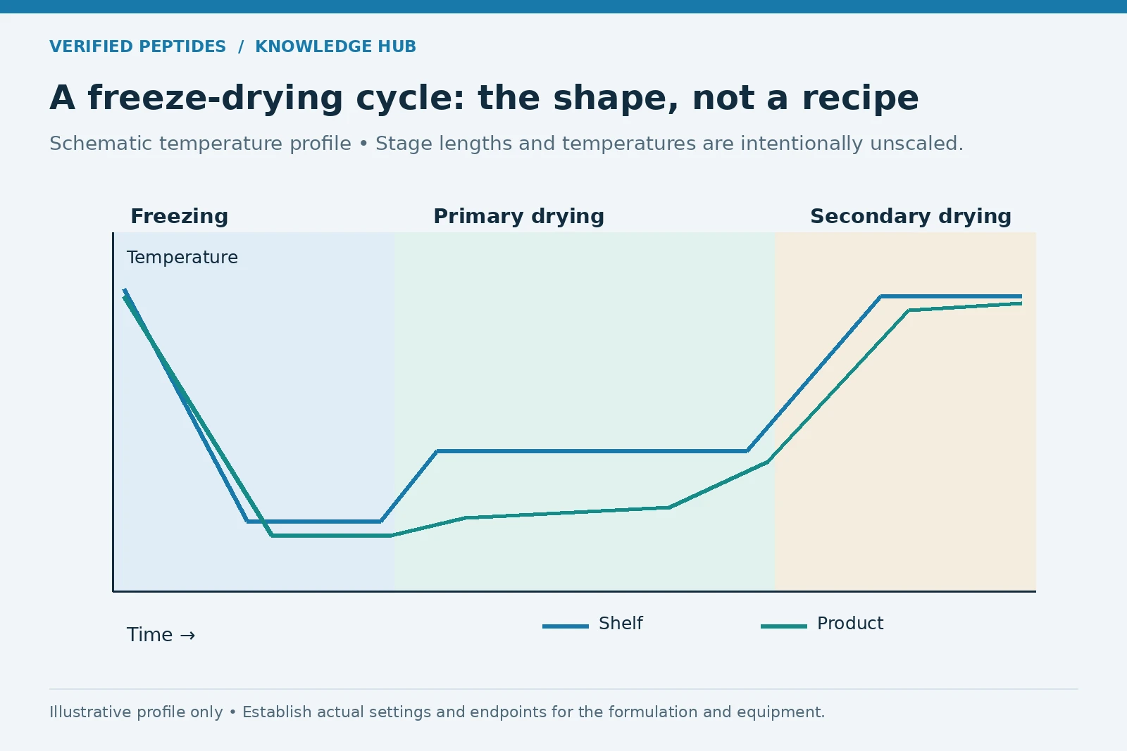 Schematic shelf and product temperature profiles through freezing, primary drying, and secondary drying; no numerical cycle settings.