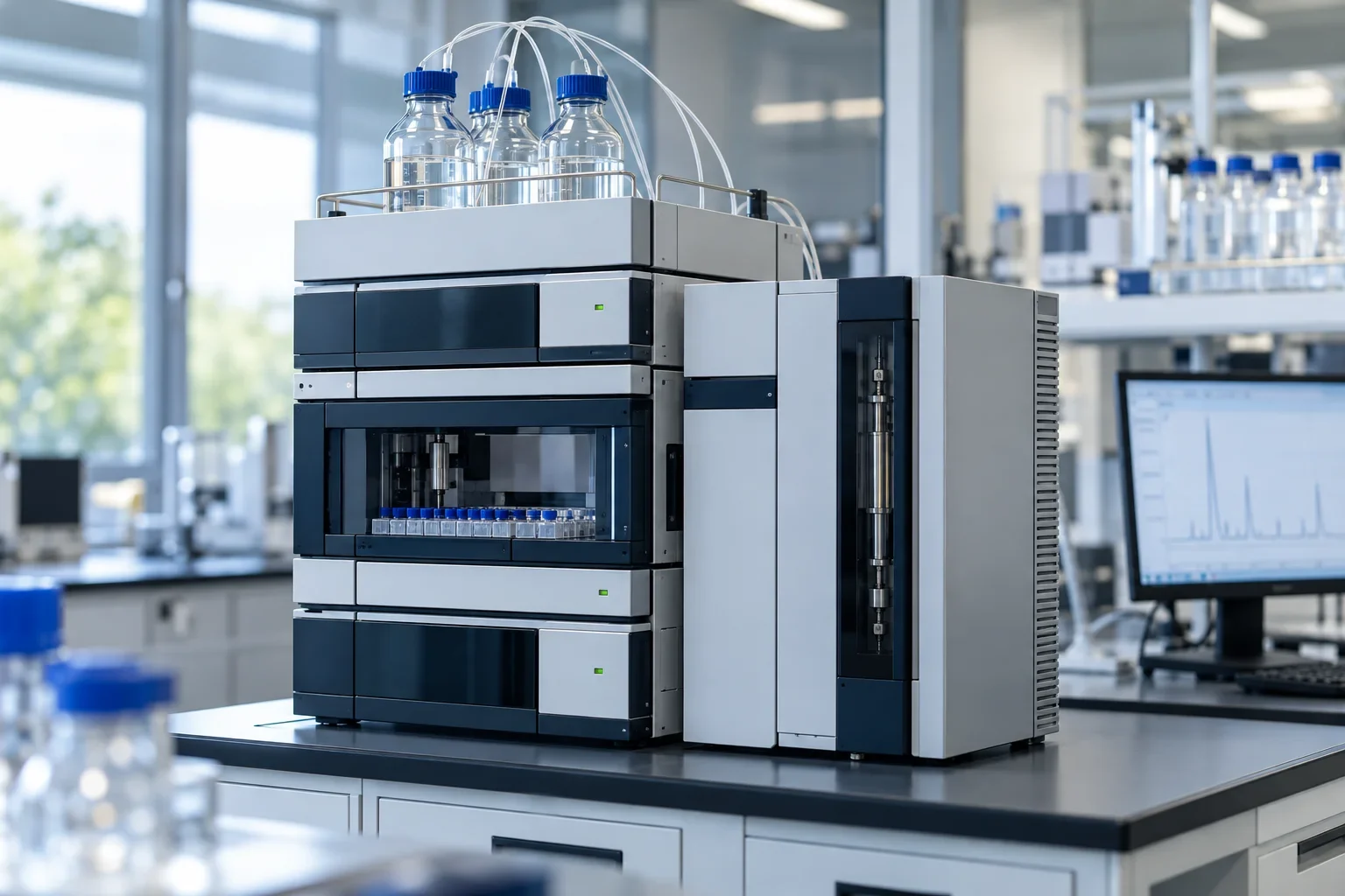 Illustrative HPLC instrument stack with solvent bottles and a laboratory workstation.