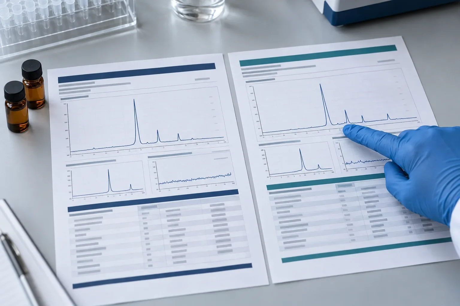 Illustrative laboratory scene comparing two analytical reports beside sample vials.