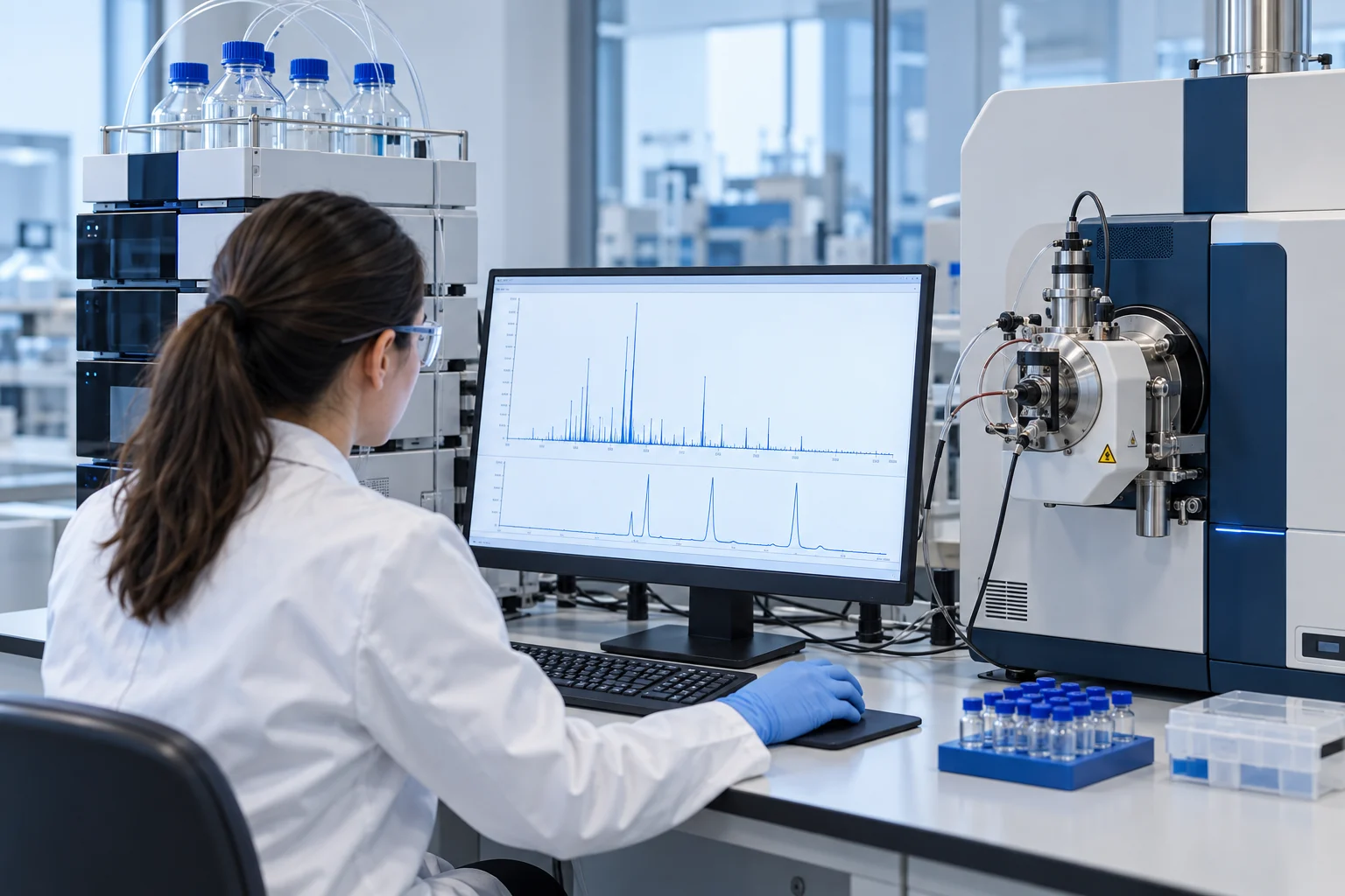Illustrative researcher reviewing results at an analytical chromatography workstation.