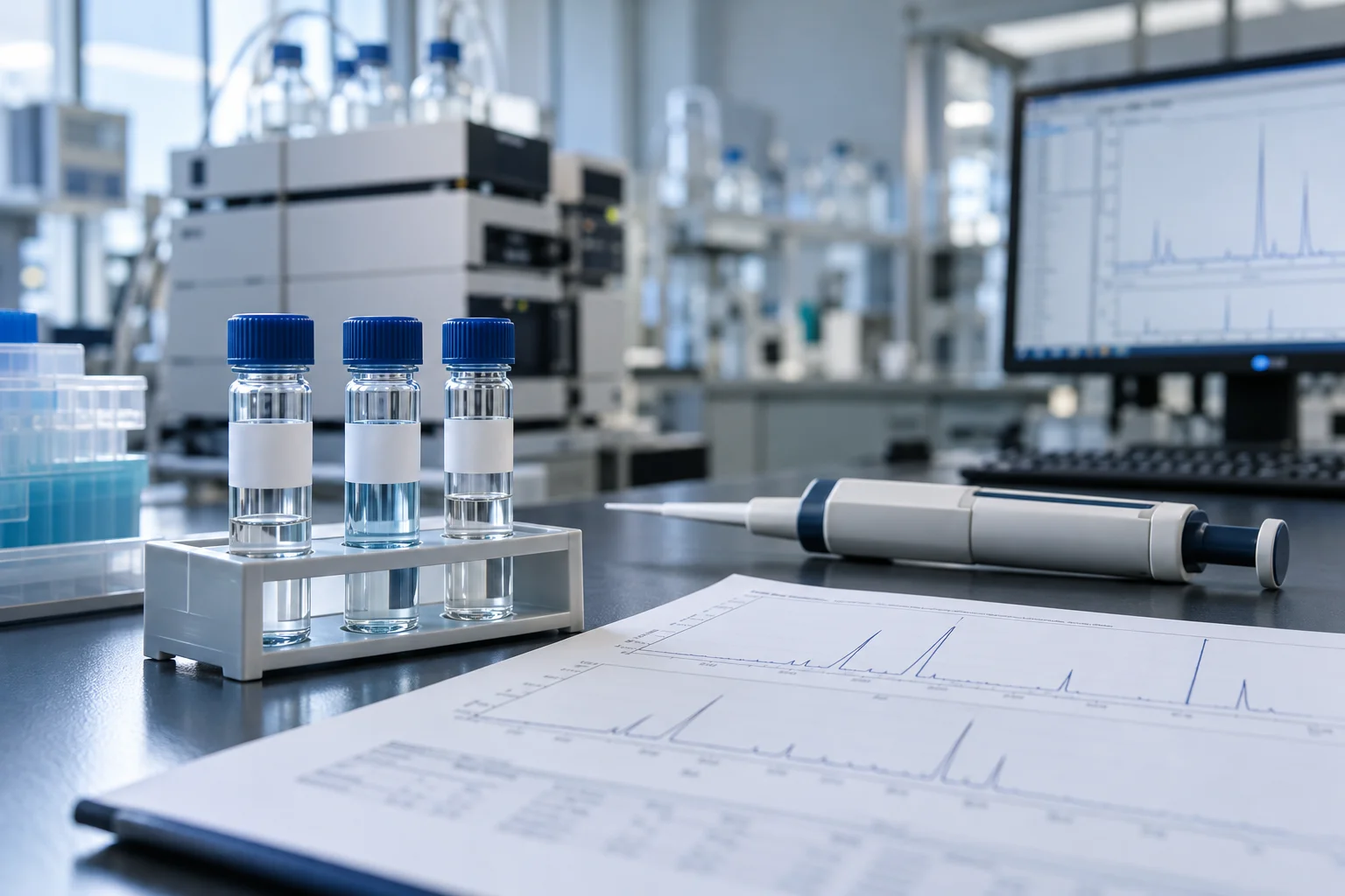 Illustrative laboratory setup with sample vials, a micropipette and an analytical report.
