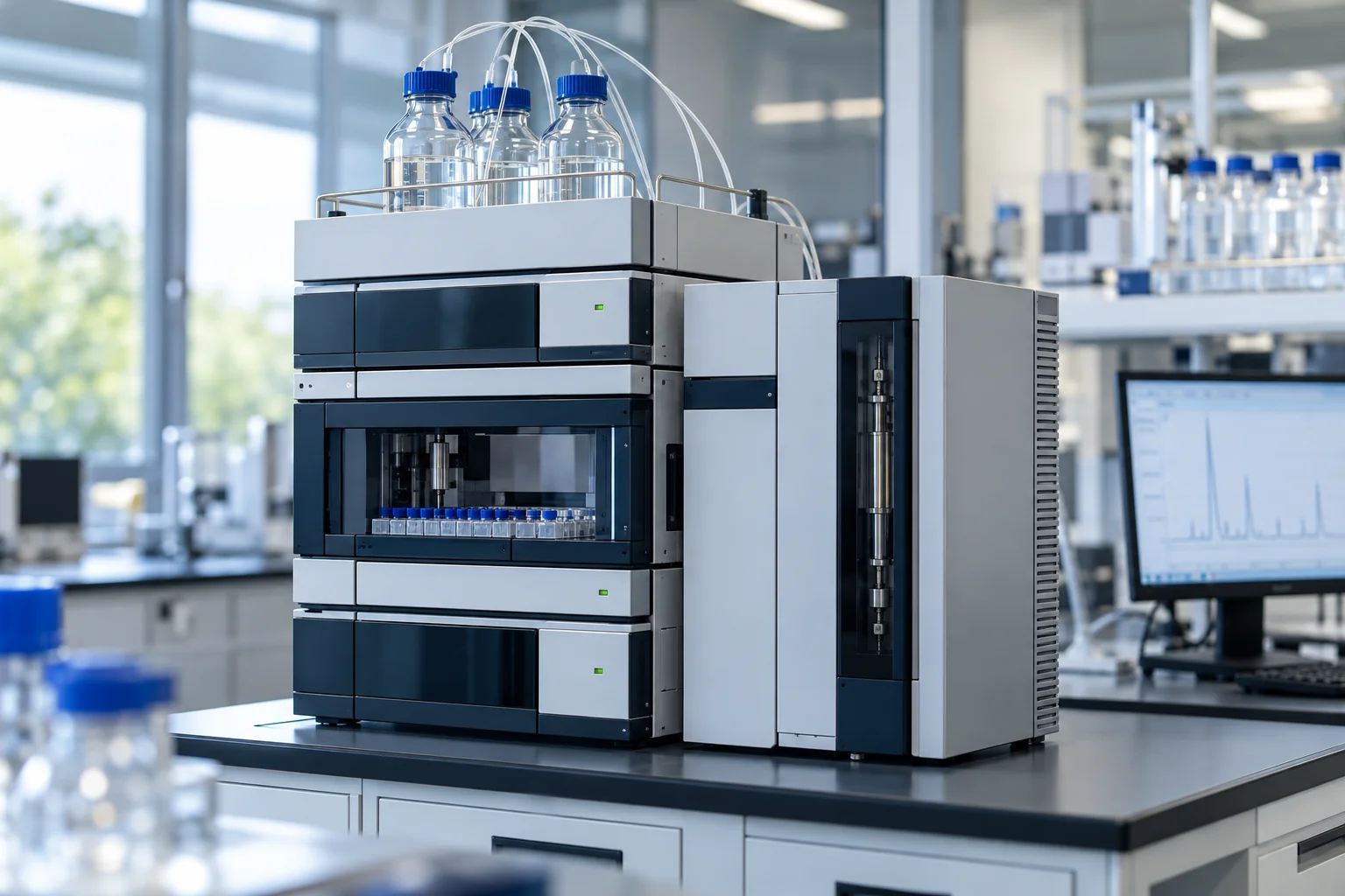 Illustrative modern HPLC system with solvent bottles, autosampler, detector and adjacent monitor.