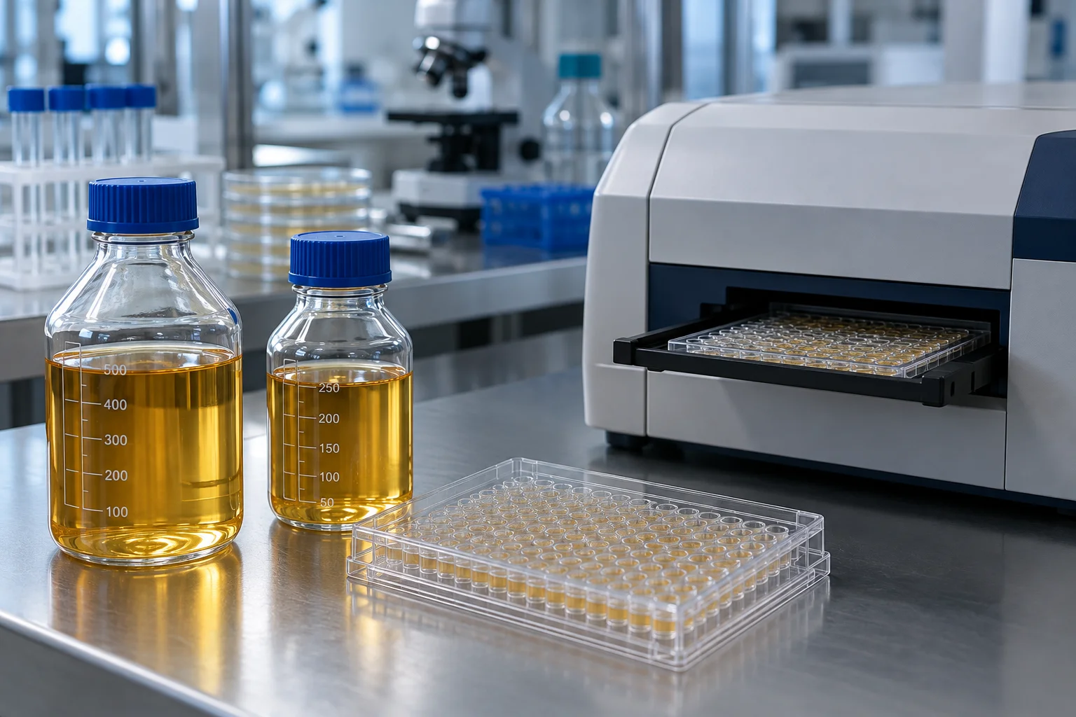 Illustrative laboratory scene with culture media bottles beside a microplate and plate reader.