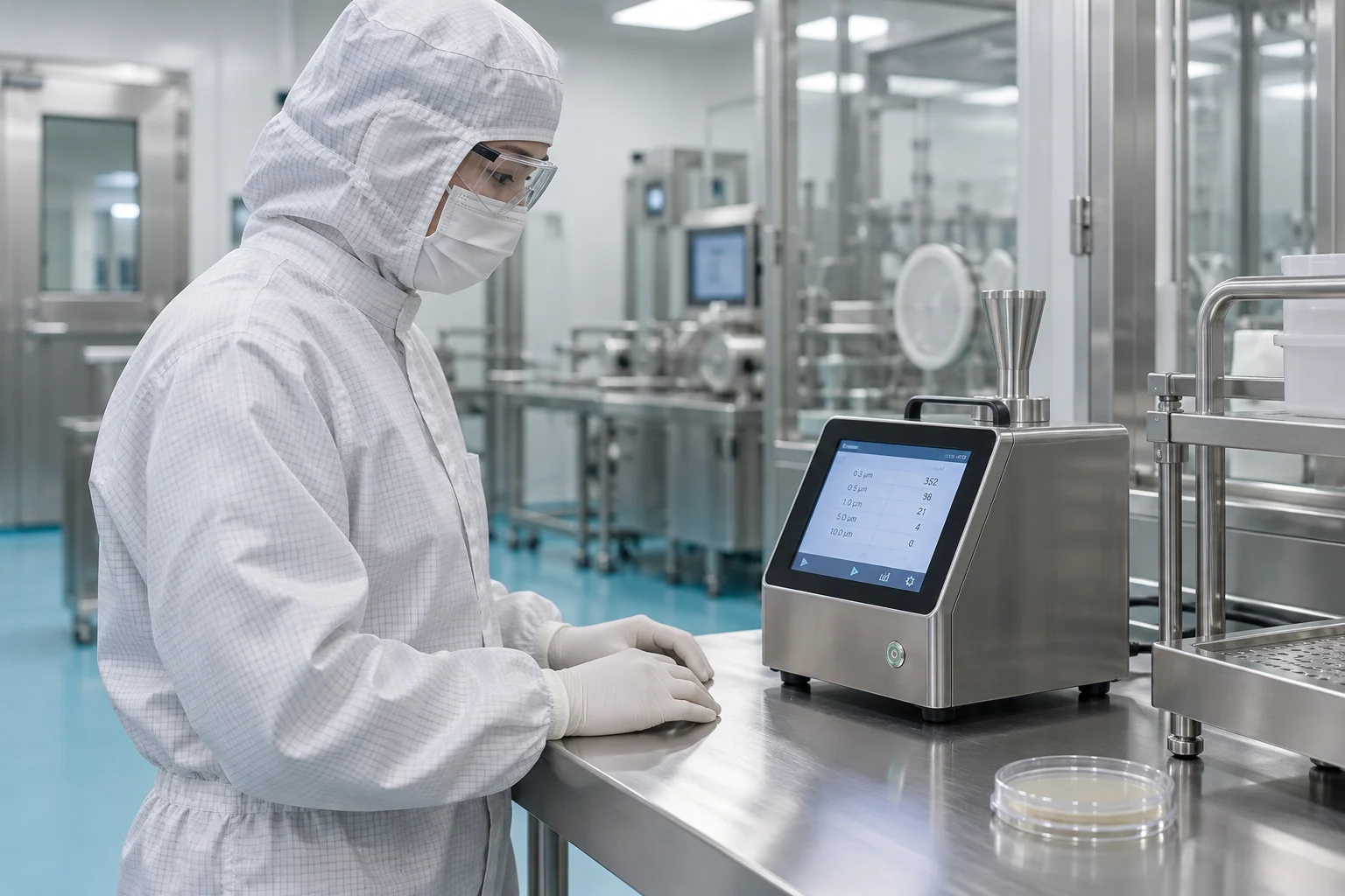 Illustrative gowned technician observing environmental air-monitoring equipment in a cleanroom.