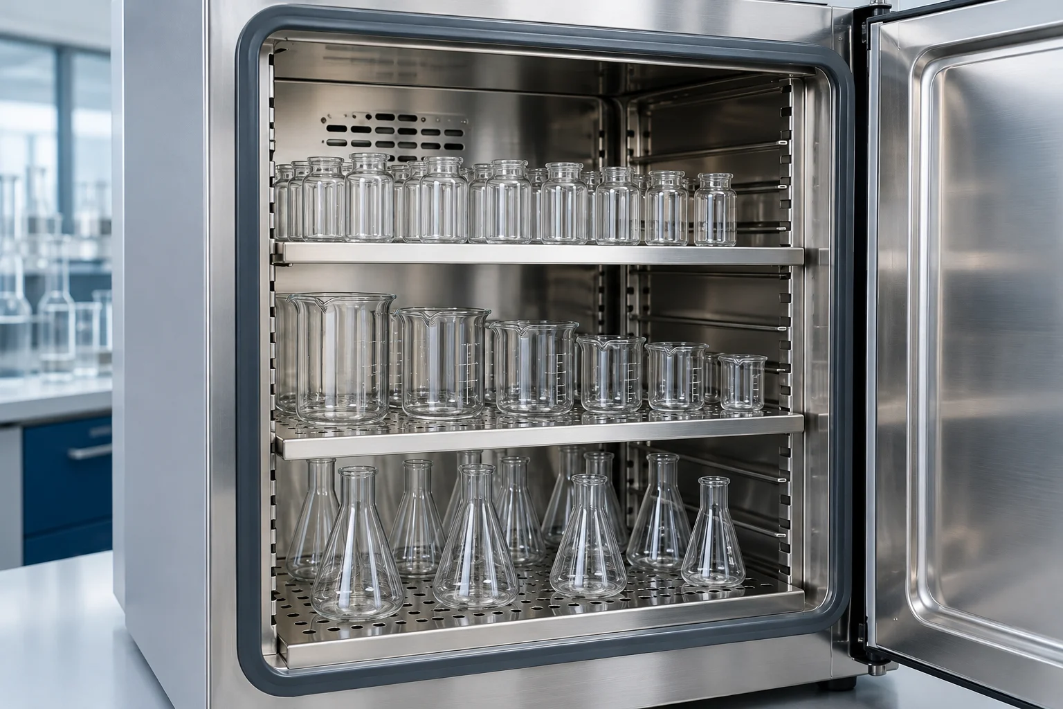 Illustrative dry-heat laboratory oven containing empty heat-compatible glass vials and beakers.