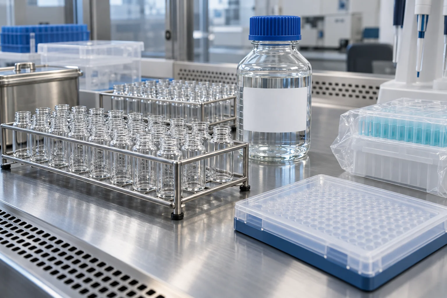 Illustrative preparation bench with glassware, water, packaged tips and a covered assay microplate.
