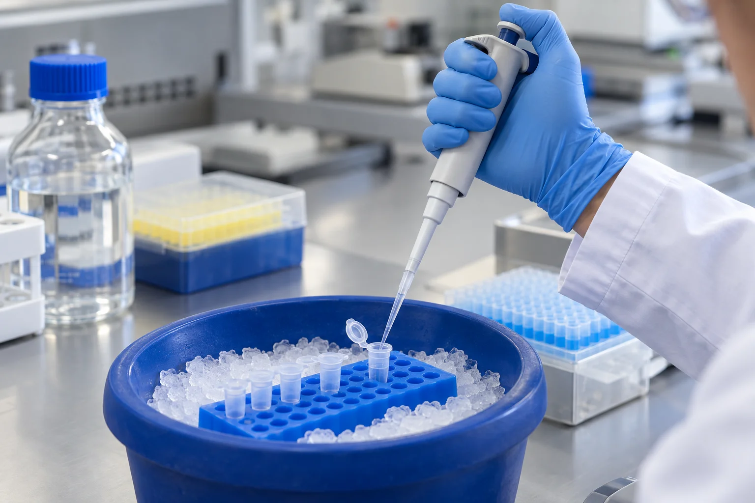 Illustrative researcher pipetting aliquots into microcentrifuge tubes in a chilled rack.