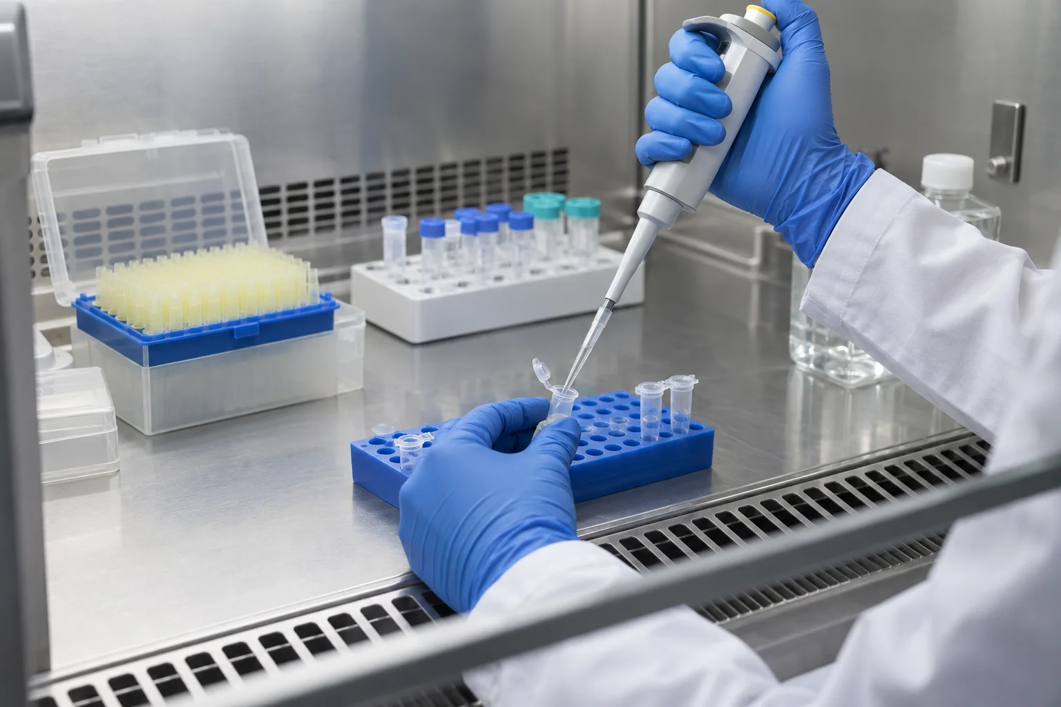 Illustrative gloved researcher pipetting inside a laboratory cabinet.