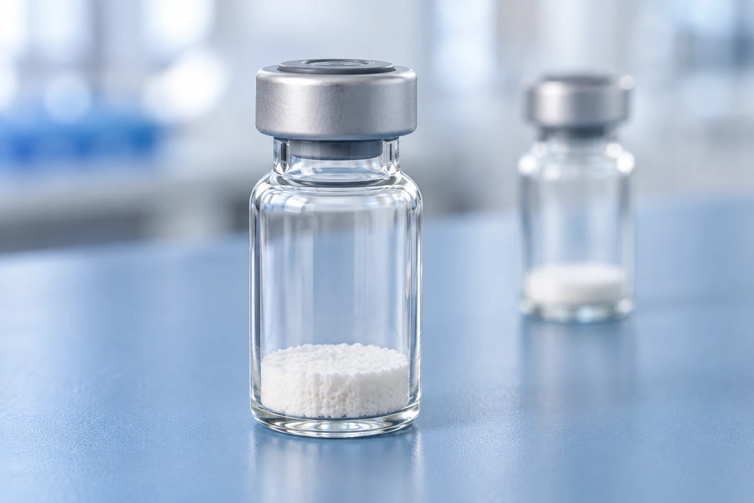 Illustrative sealed glass vial with a white freeze-dried peptide cake.