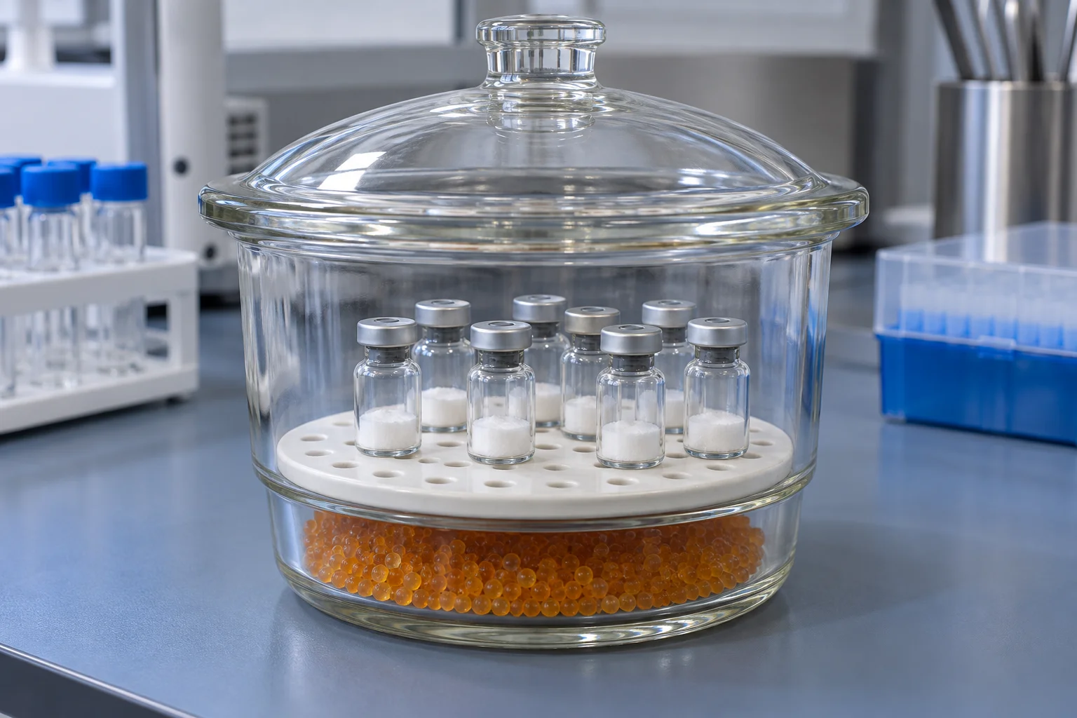 Illustrative glass desiccator holding sealed peptide vials above a separate drying agent.