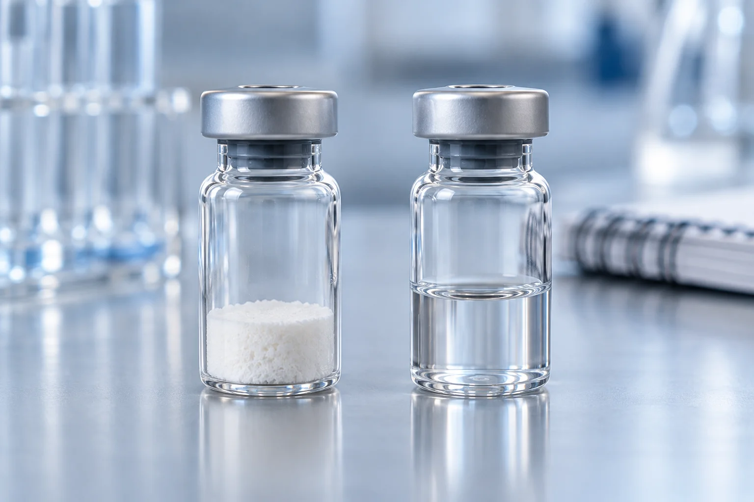 Illustrative side-by-side research vials containing a dry white cake and a clear liquid.