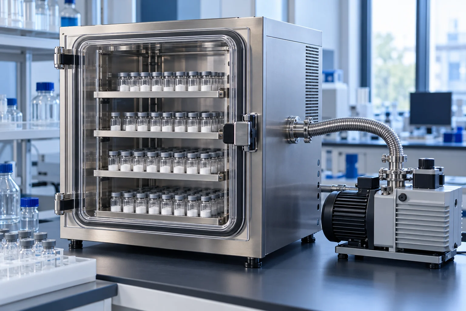 Illustrative laboratory shelf freeze-dryer with sample vials and vacuum equipment.