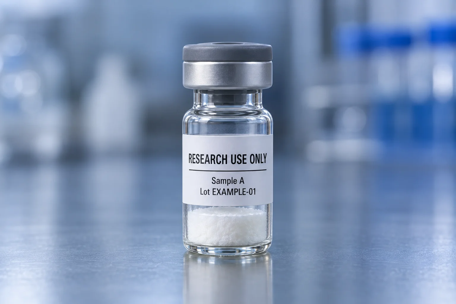 Fictional research vial labeled Research Use Only, Sample A, Lot EXAMPLE-01.