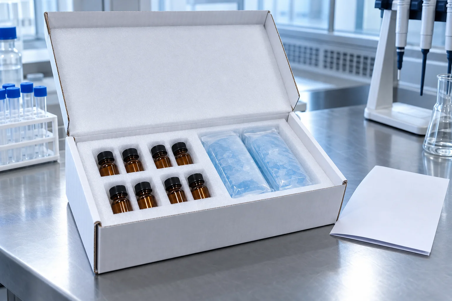 Illustrative insulated research shipment with amber vials, protective inserts and cold packs.