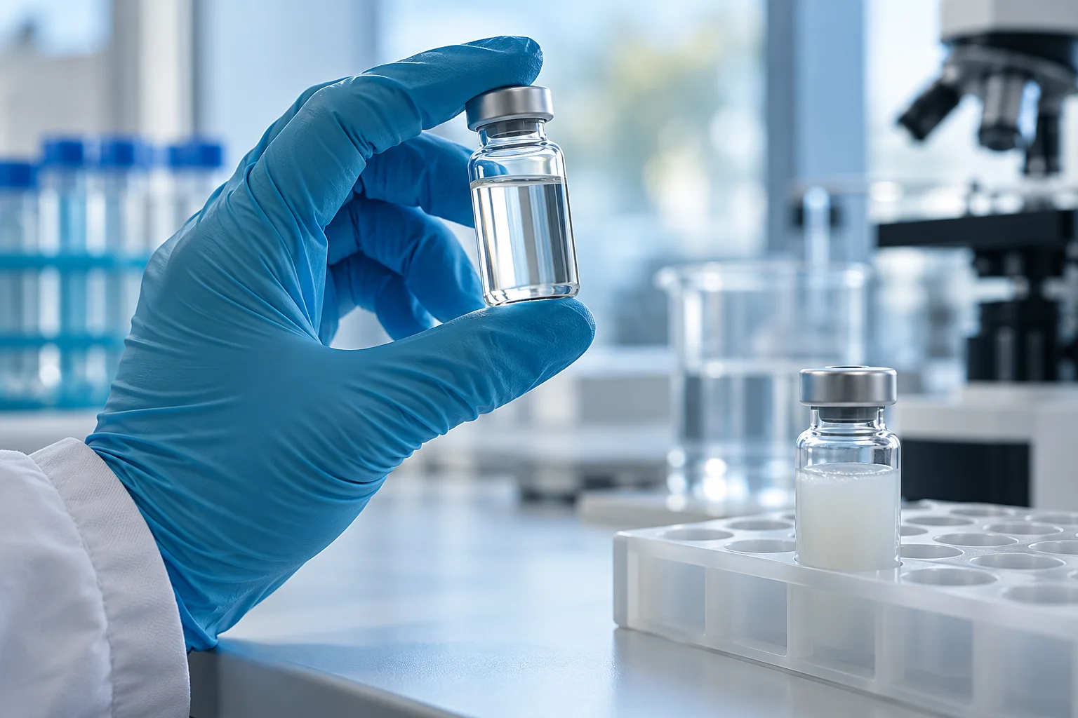 Illustrative researcher inspecting a clear sample vial beside a cloudy sample.