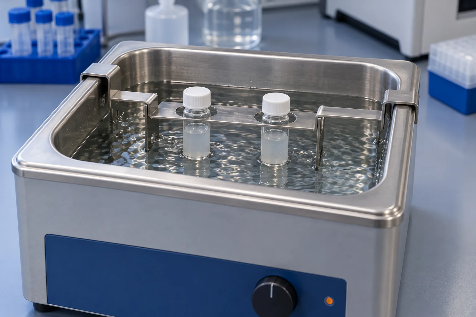 Illustrative capped sample vials suspended in an ultrasonic water bath.