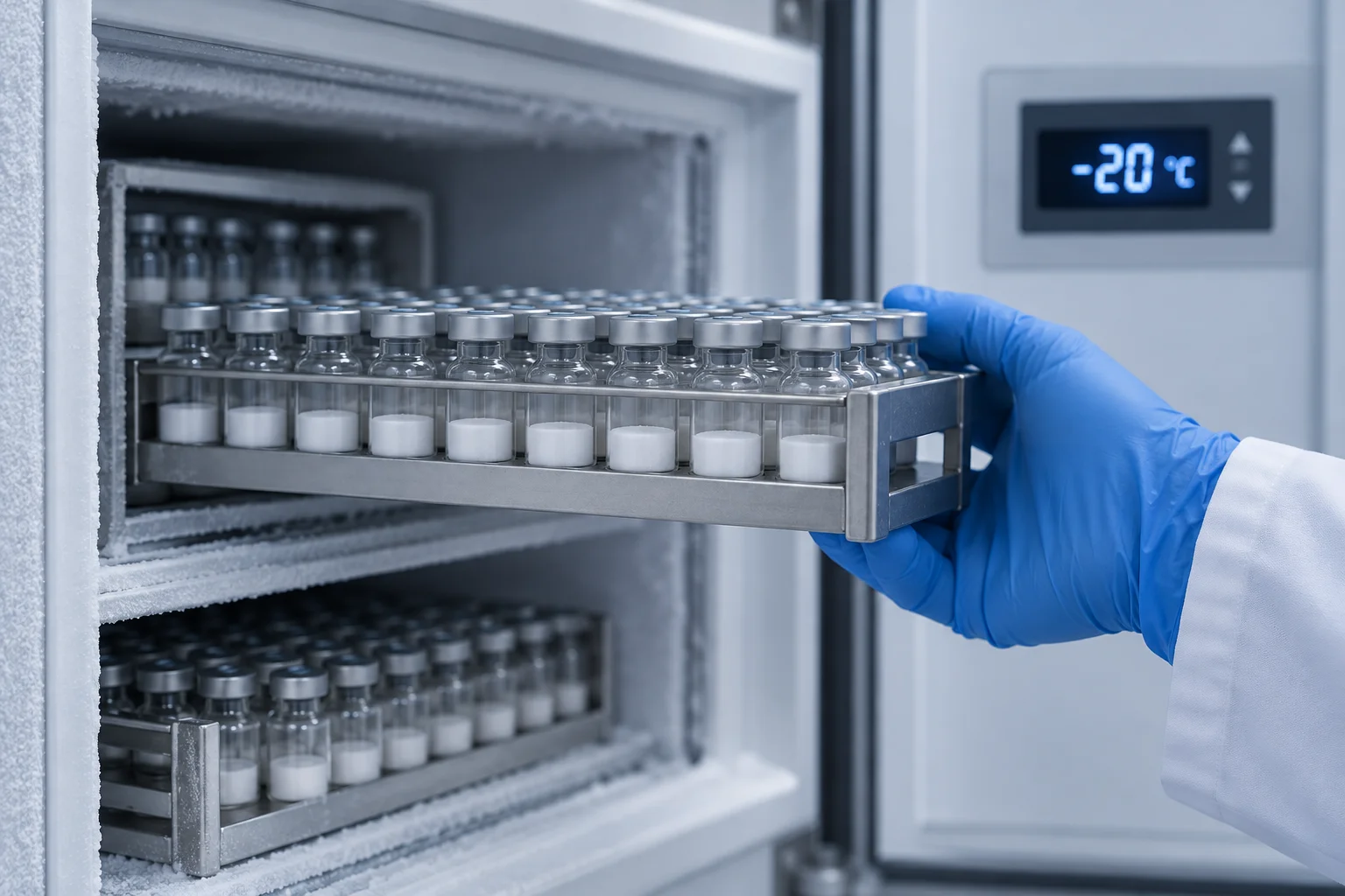 Illustrative laboratory freezer with sealed research vials and a minus 20 Celsius temperature display.