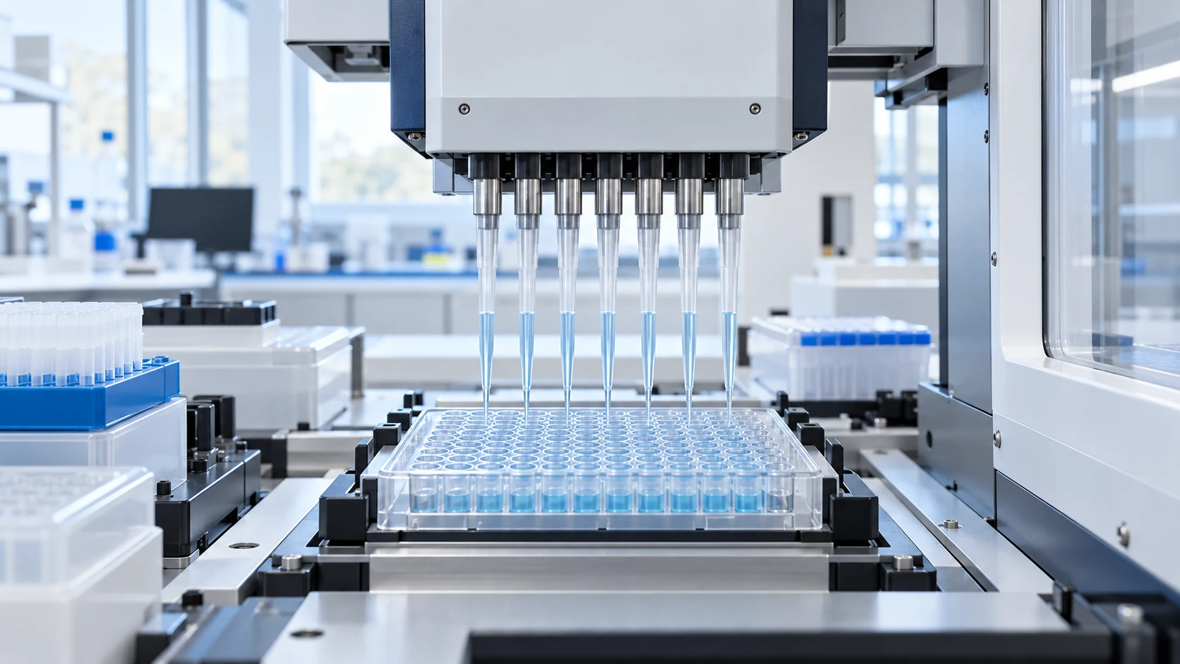 Illustrative automated pipetting workstation above a multiwell extraction plate.