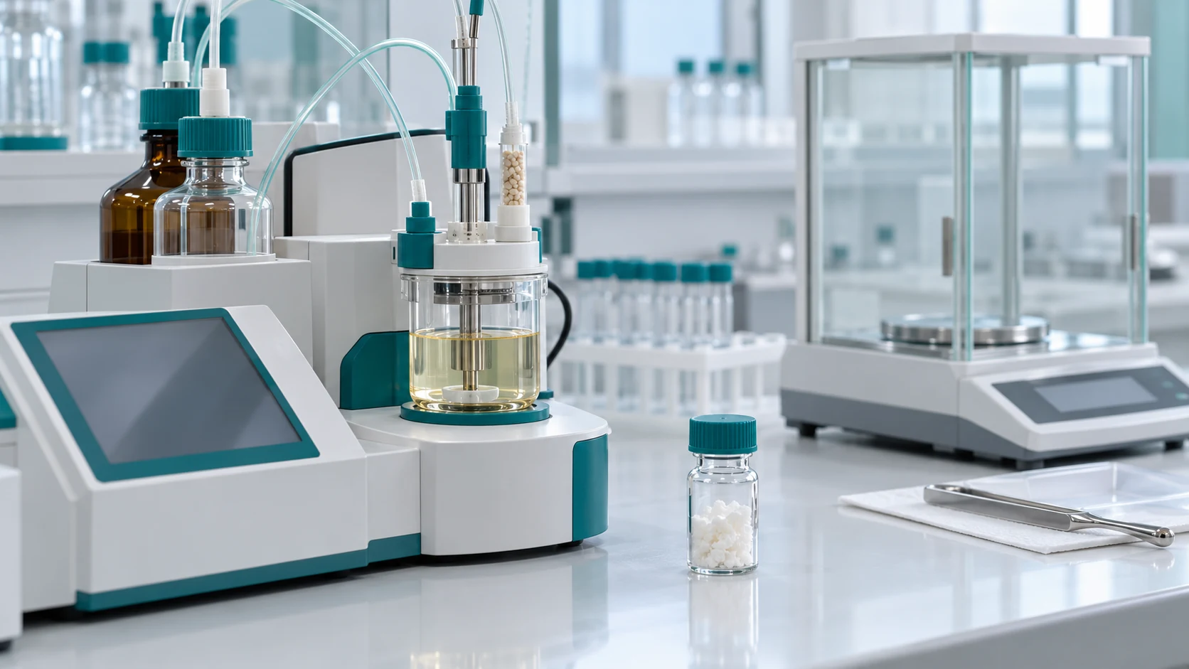 Illustrative Karl Fischer titrator beside a capped dry sample vial.