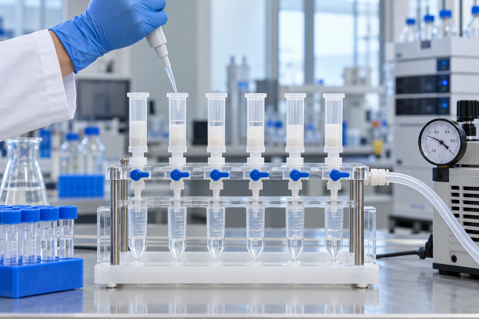 Illustrative solid-phase extraction cartridges on a vacuum manifold.