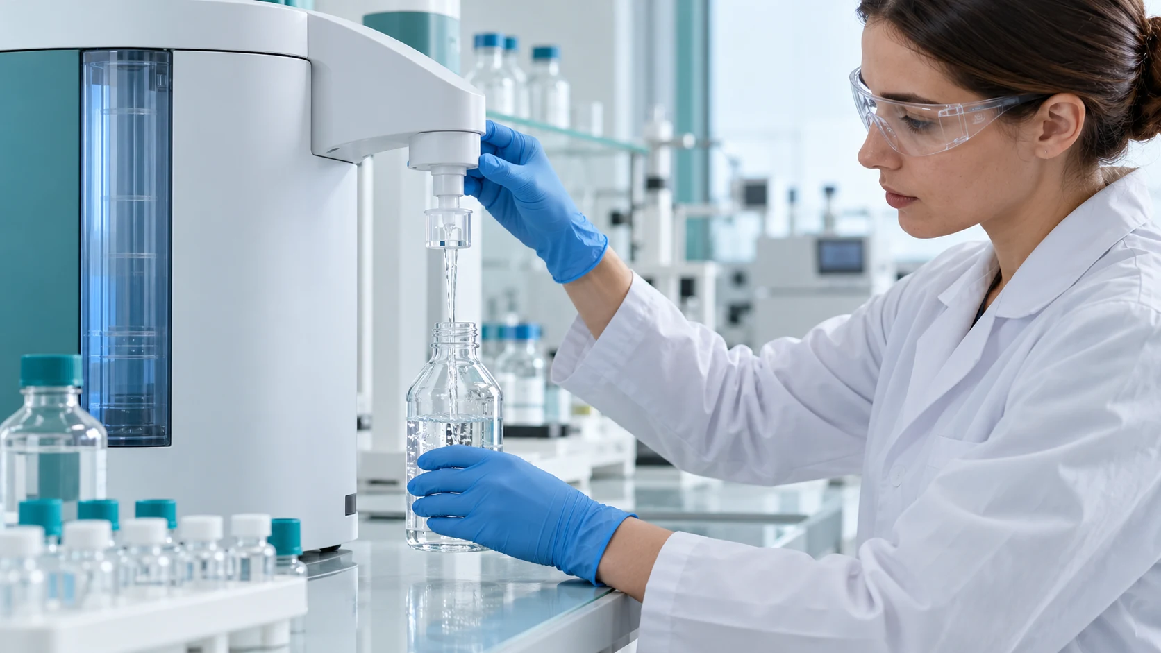 Illustrative ultrapure-water dispenser filling a laboratory bottle.